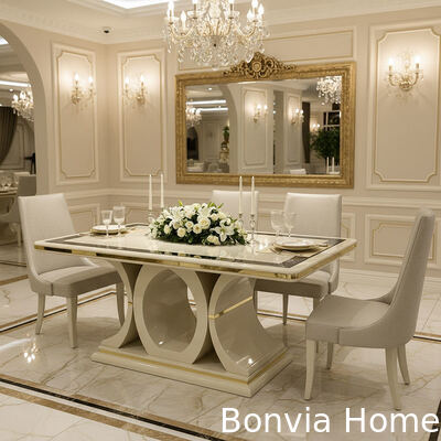 Bàn ăn gỗ màu trắng sang trọng và ghế đặt 6 chỗ đồ nội thất nhà phòng ăn Bàn ăn với tủ rượu bên cạnh