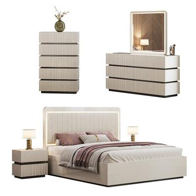 Modern Luxury King Size Bedroom Sets Double Bed LED Headboard Hotel Home Master Room Toàn bộ đồ nội thất phòng ngủ bằng gỗ