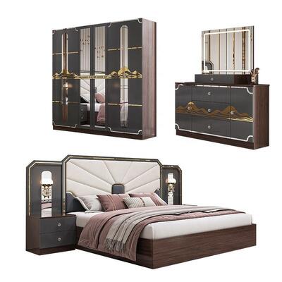 Thiết bị phòng ngủ sang trọng hiện đại khung gỗ cao bóng Xám King Size giường Master Room Suite Turkish Bedroom Sets