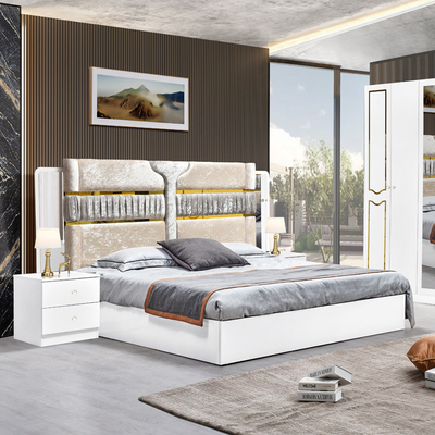 High Gloss Trà trắng khung gỗ giường đôi Suite King Size sang trọng thiết kế hiện đại Mdf Full Set đồ nội thất phòng ngủ
