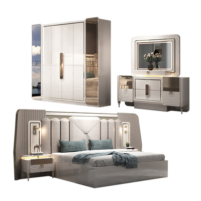 Thiết kế mới Modern Lighted Headboard gỗ King Size Bedroom Set khung gỗ kép Full Luxury Home Furniture phòng ngủ