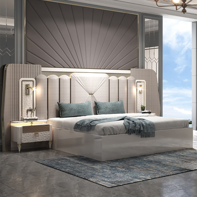 Thiết kế mới Modern Lighted Headboard gỗ King Size Bedroom Set khung gỗ kép Full Luxury Home Furniture phòng ngủ