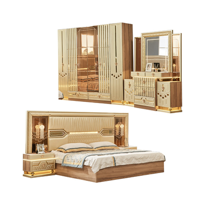 2025 Thiết kế hiện đại mới King Size giường da đôi Phòng chủ phòng đầy đủ thiết lập gỗ sang trọng 5 mảnh đồ nội thất nhà phòng ngủ thiết lập