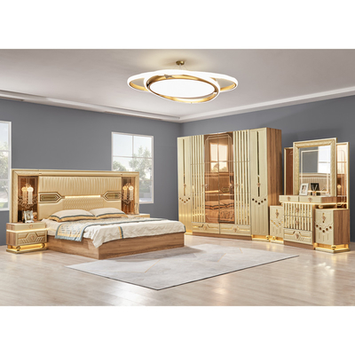 2025 Thiết kế hiện đại mới King Size giường da đôi Phòng chủ phòng đầy đủ thiết lập gỗ sang trọng 5 mảnh đồ nội thất nhà phòng ngủ thiết lập
