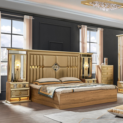 Gỗ Modern Gold King Size Bed Double Master Room Villa Home Royal Full Queen Thiết bị phòng ngủ gỗ sang trọng