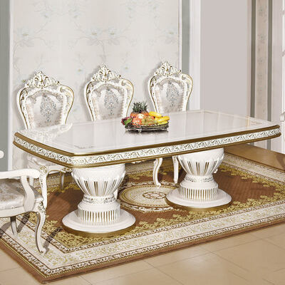 Bộ bàn ăn gỗ cổ điển màu trắng, 6 ghế, phong cách châu Âu, gỗ lớn, sang trọng, nội thất phòng ăn gia đình