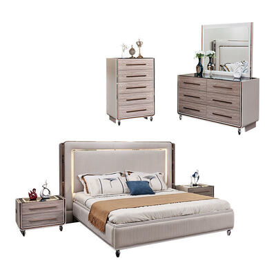 Giường ngủ da cao cấp có đầu giường LED cỡ King, bộ phòng ngủ khung gỗ hiện đại, nội thất phòng ngủ đôi hoàn chỉnh