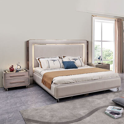 Giường ngủ da cao cấp có đầu giường LED cỡ King, bộ phòng ngủ khung gỗ hiện đại, nội thất phòng ngủ đôi hoàn chỉnh