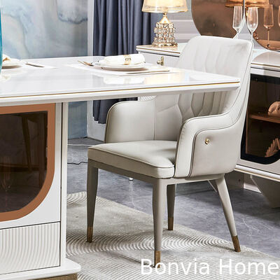 Bàn ăn sang trọng sang trọng và ghế đặt 6 ghế đồ nội thất nhà kho trắng hoàn chỉnh hiện đại phòng ăn gỗ lớn thiết lập