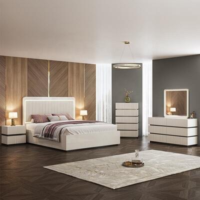 Modern Luxury King Size Bedroom Sets Double Bed LED Headboard Hotel Home Master Room Toàn bộ đồ nội thất phòng ngủ bằng gỗ