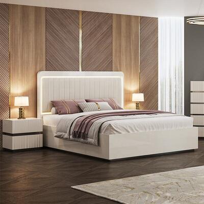 Modern Luxury King Size Bedroom Sets Double Bed LED Headboard Hotel Home Master Room Toàn bộ đồ nội thất phòng ngủ bằng gỗ