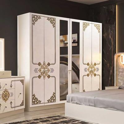 Bộ Phòng Ngủ Hoàn Chỉnh Vàng Trắng Sang Trọng Hiện Đại Đầu Giường Sơn Mài Cao Cấp Có Đèn LED Giường Cỡ King Khung Gỗ Bộ Nội Thất Phòng Ngủ Chính