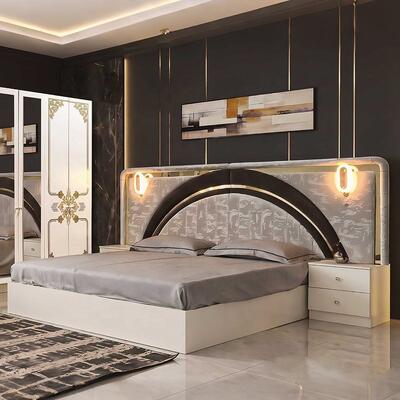 Bộ Phòng Ngủ Hoàn Chỉnh Vàng Trắng Sang Trọng Hiện Đại Đầu Giường Sơn Mài Cao Cấp Có Đèn LED Giường Cỡ King Khung Gỗ Bộ Nội Thất Phòng Ngủ Chính