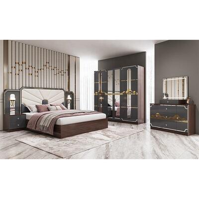 Thiết bị phòng ngủ sang trọng hiện đại khung gỗ cao bóng Xám King Size giường Master Room Suite Turkish Bedroom Sets