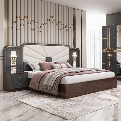 Thiết bị phòng ngủ sang trọng hiện đại khung gỗ cao bóng Xám King Size giường Master Room Suite Turkish Bedroom Sets