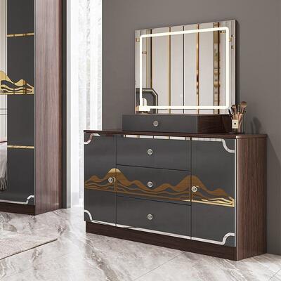 Thiết bị phòng ngủ sang trọng hiện đại khung gỗ cao bóng Xám King Size giường Master Room Suite Turkish Bedroom Sets