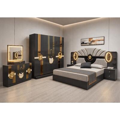 Turkish Royal Luxury Toàn bộ phòng ngủ King Size Bedroom Suite Headboard Đèn khung gỗ Thiết bị phòng ngủ hiện đại