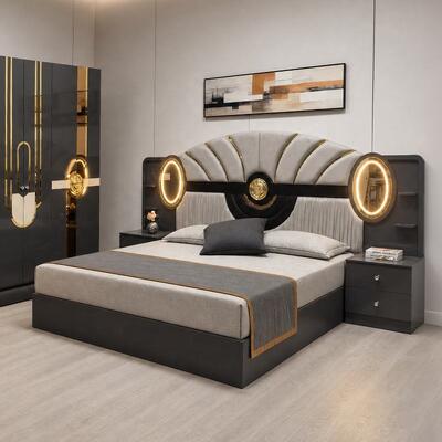 Turkish Royal Luxury Toàn bộ phòng ngủ King Size Bedroom Suite Headboard Đèn khung gỗ Thiết bị phòng ngủ hiện đại